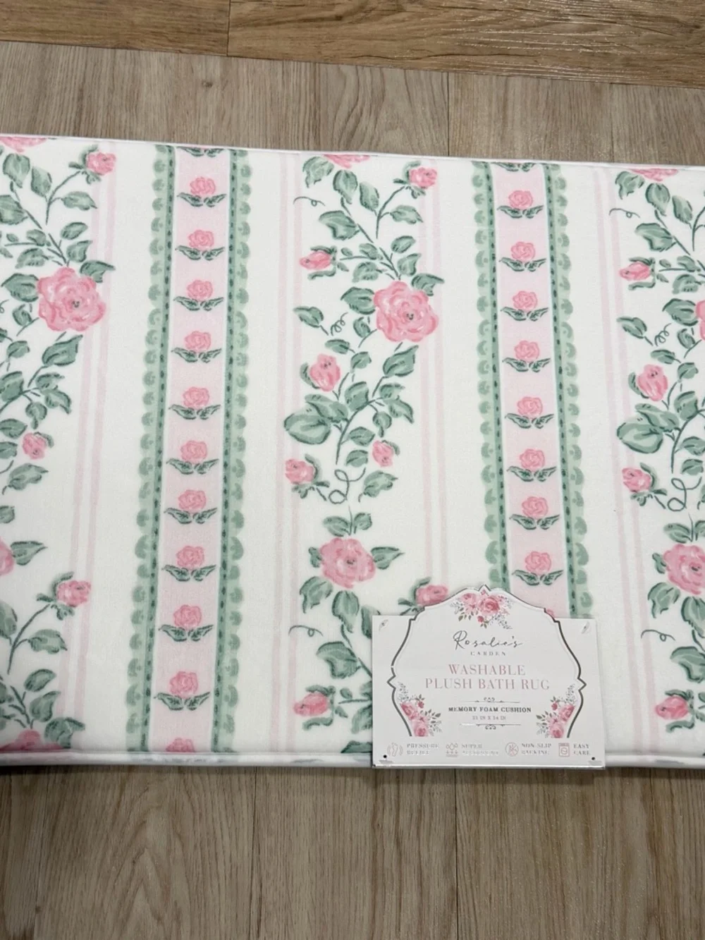 Feminine Floral Stripe Quilted PLUSH Bath Rug - Pink and Green